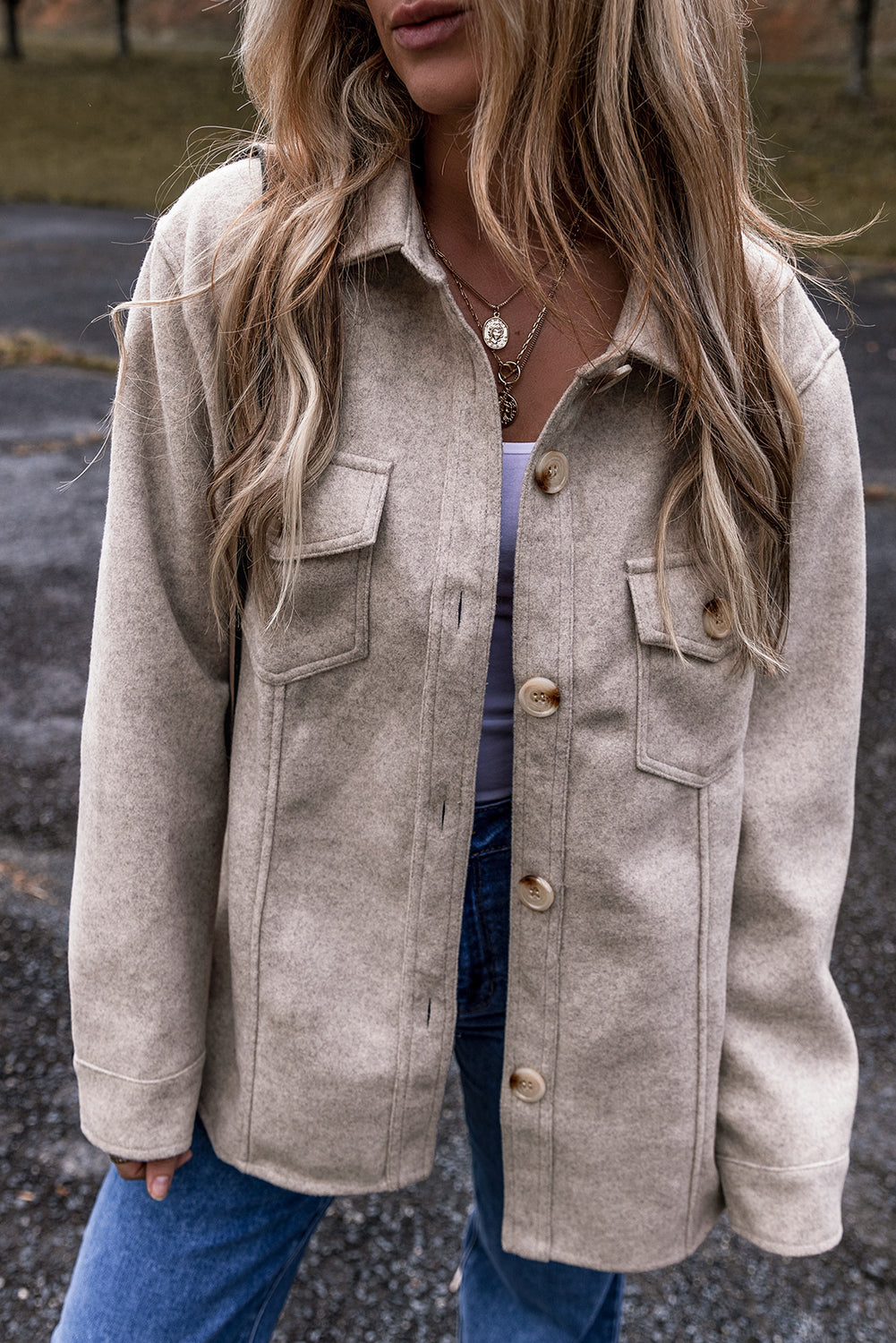 Light Grey Turn Down Collar Flap Pockets Buttoned Shacket-Bella Boutique Collective