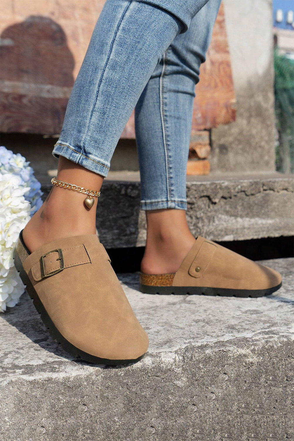 Light French Beige Suede Buckle Detail Slippers-Bella Boutique Collective