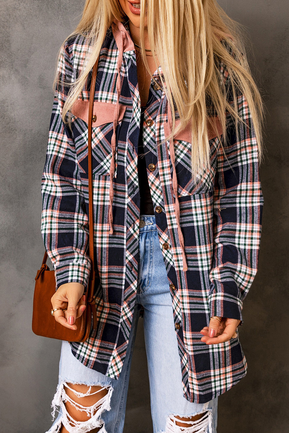Pink Contrast Hooded Drawstring Plaid Shacket-Bella Boutique Collective