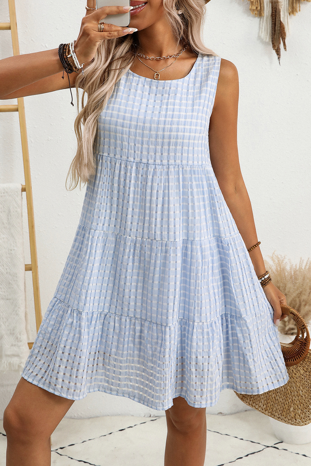 Light Blue Plaid Tiered A-line Sleeveless Mini Sundress-Bella Boutique Collective