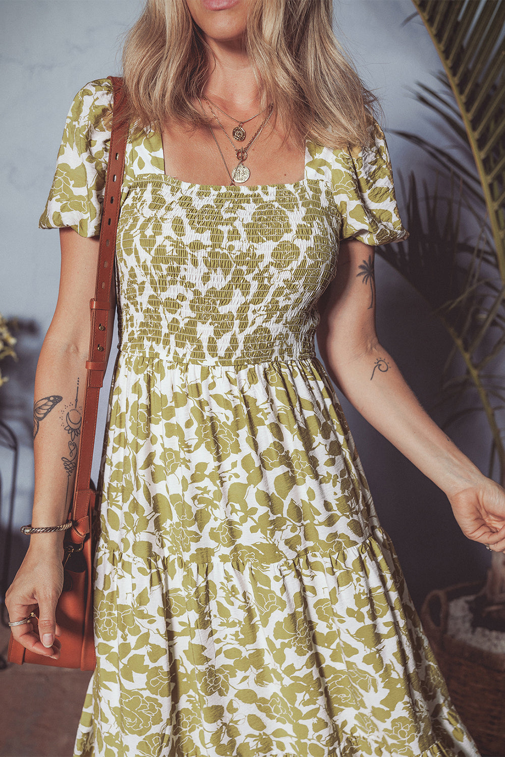 Yellow Boho Floral Square Neck Smocked Bust Puff Sleeve Tiered Long Dress-Bella Boutique Collective
