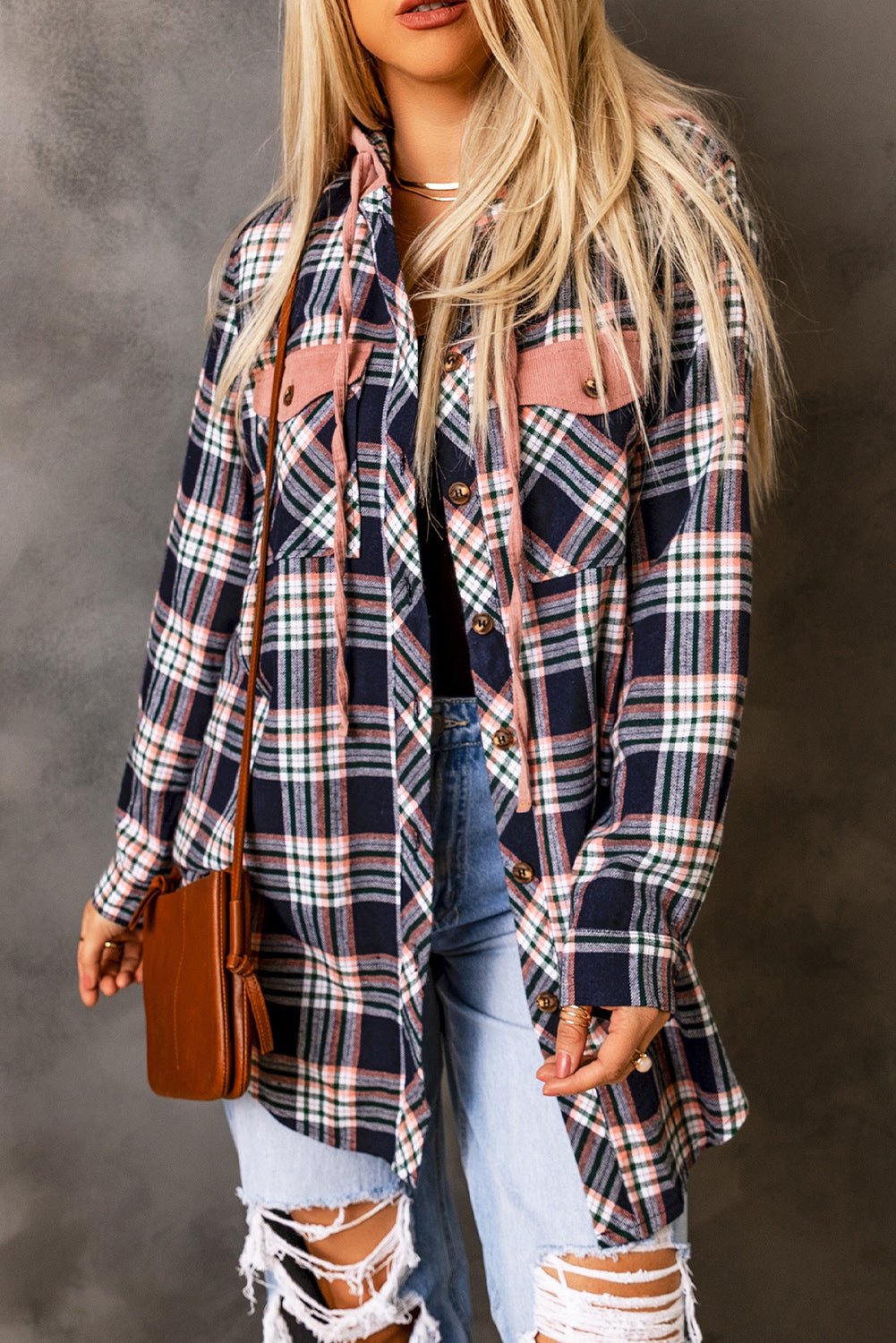 Pink Contrast Hooded Drawstring Plaid Shacket-Bella Boutique Collective