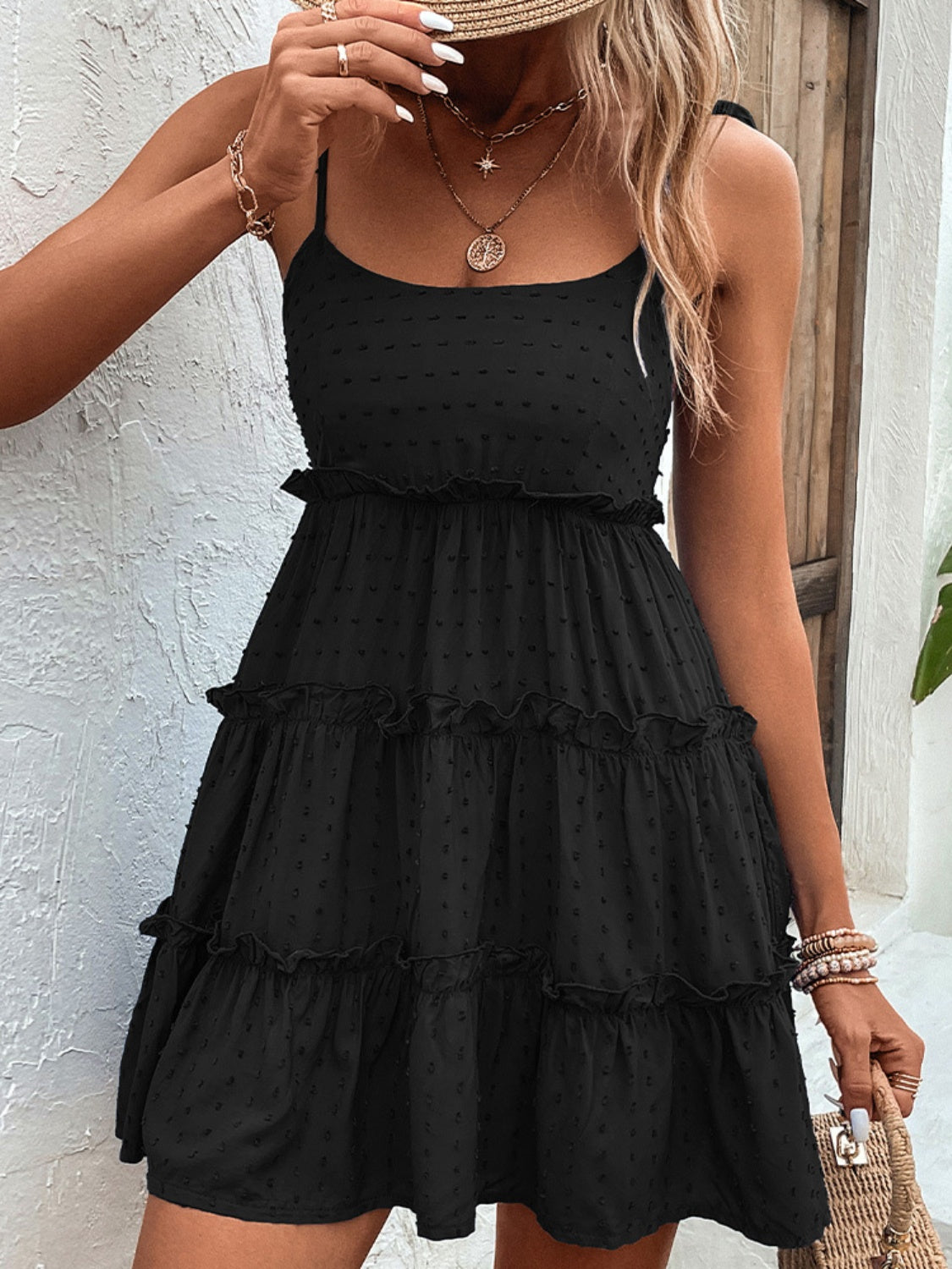 Shiny Frill Spaghetti Strap Tiered Dress-Bella Boutique Collective