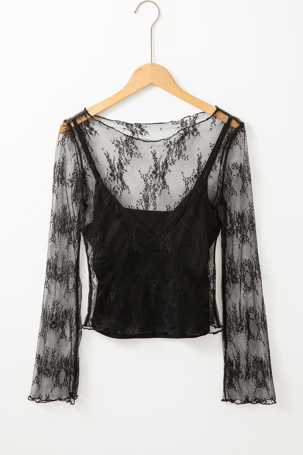 Black Lace Mesh Crochet Splicing Slim Fit Long Sleeve Blouse-Bella Boutique Collective