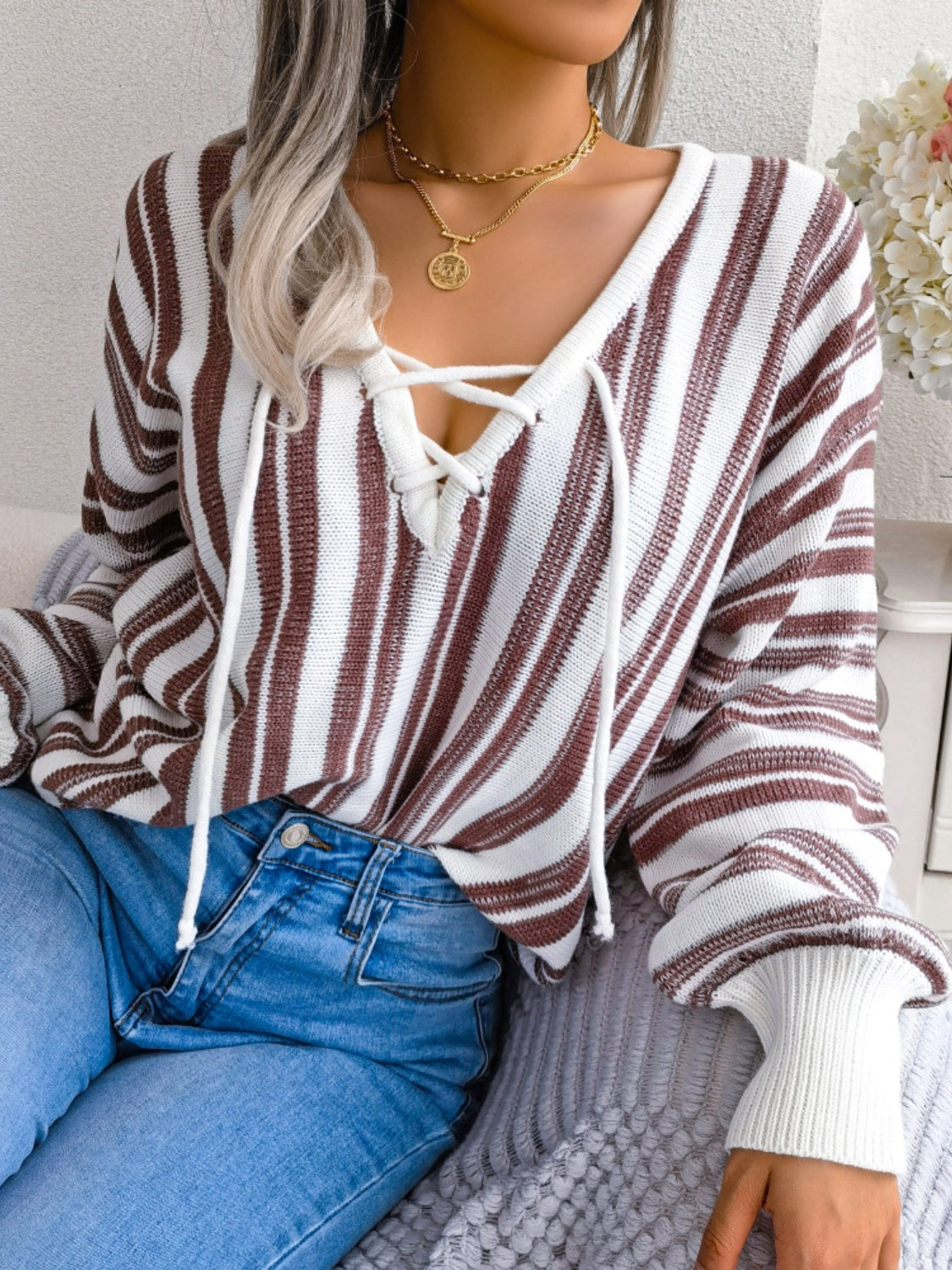 Striped Lace-Up Long Sleeve Sweater-Bella Boutique Collective
