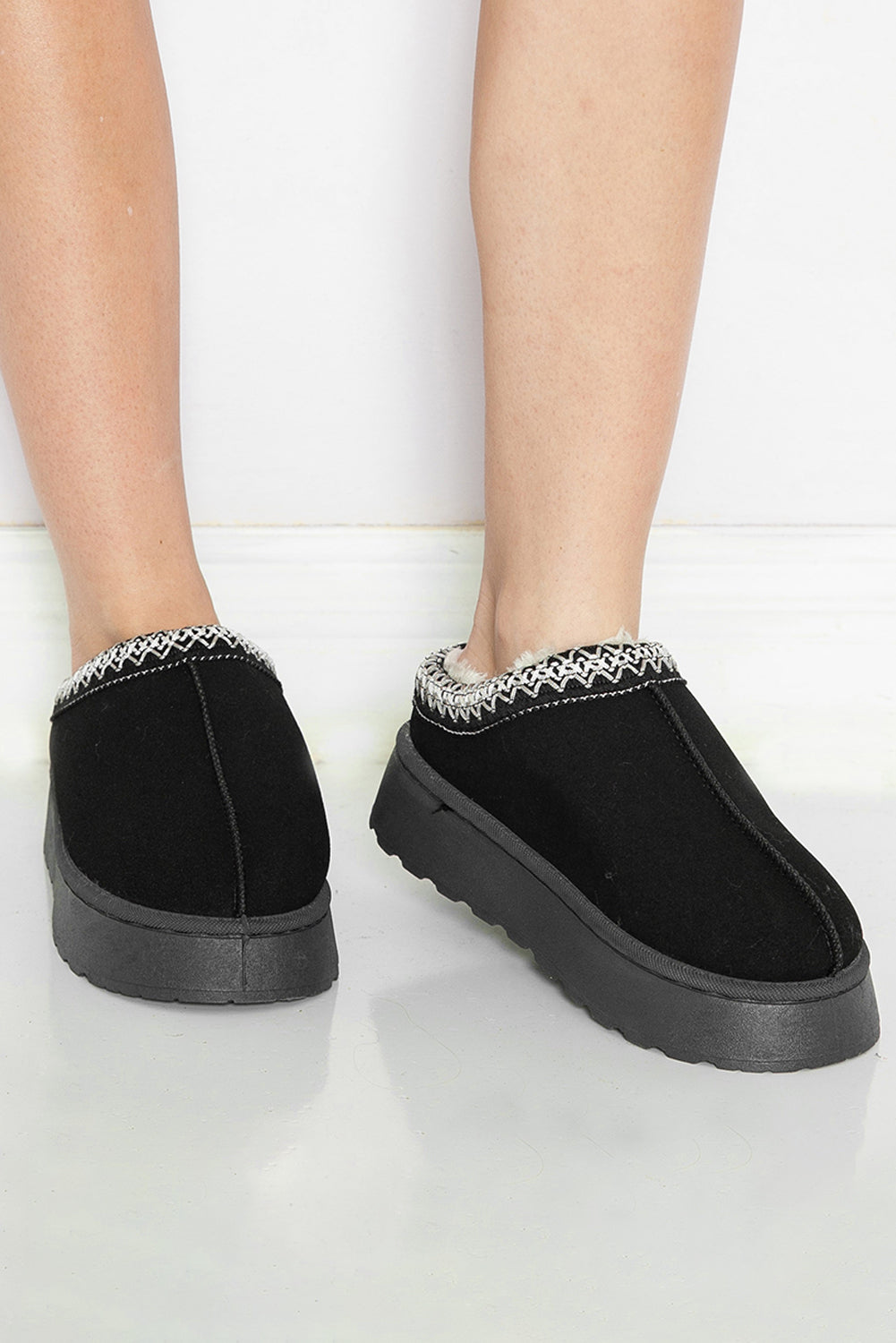 Black Contrast Print Suede Plush Lined Snow Boots-Bella Boutique Collective