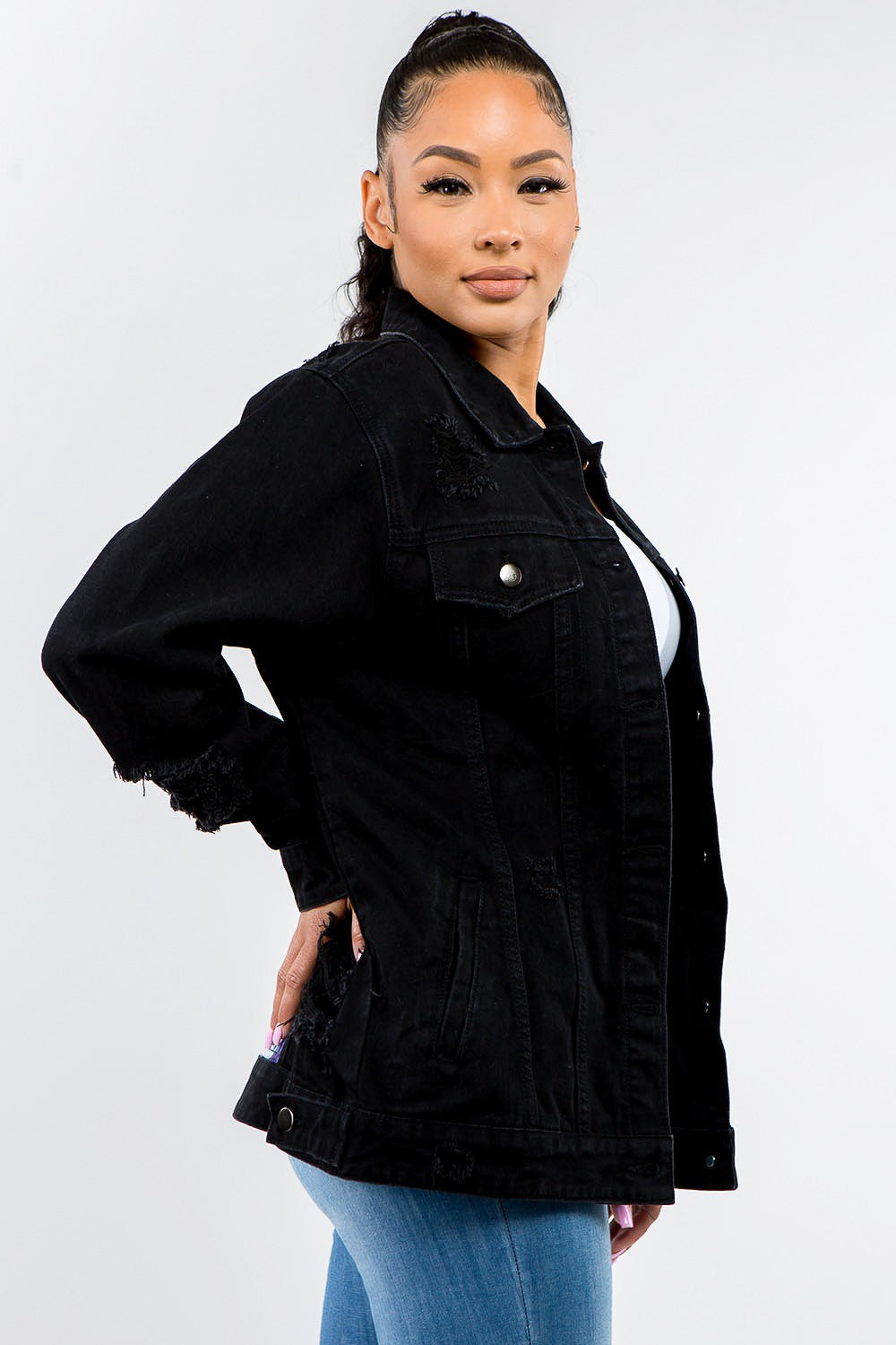 American Bazi Full Size Button Up Distressed Denim Jacket-Bella Boutique Collective