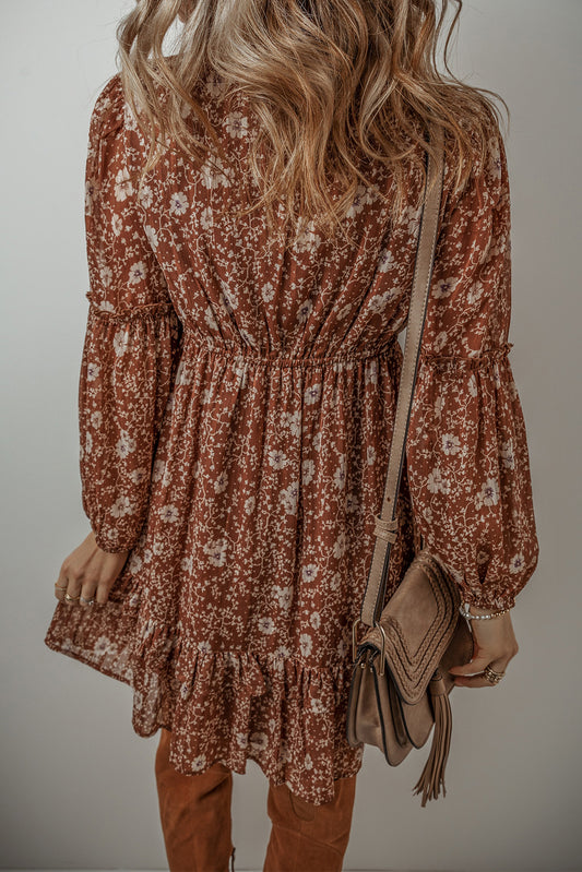 Brown Boho Floral Ruffled Puff Sleeve V Neck Mini Dress-Bella Boutique Collective