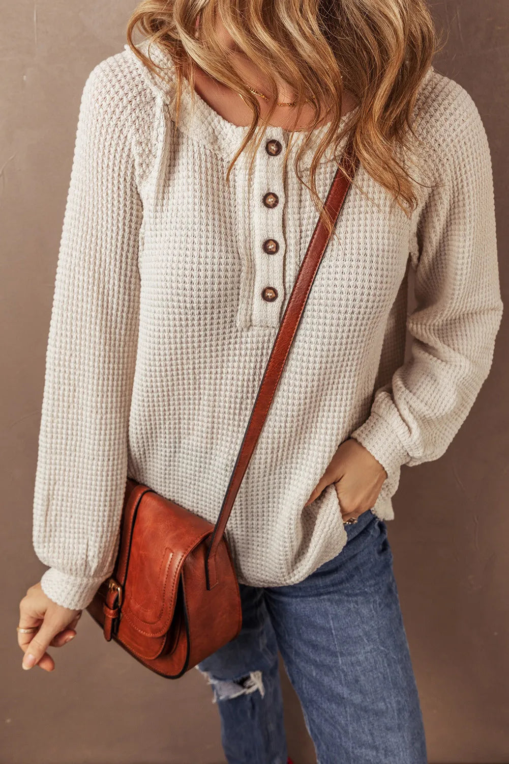 Waffle-Knit Half Button Round Neck Long Sleeve Top-Bella Boutique Collective