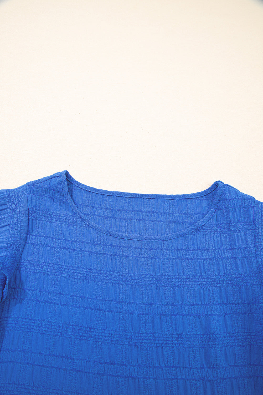 Dark Blue Textured Ruffled Sleeve Round Neck Top-Bella Boutique Collective