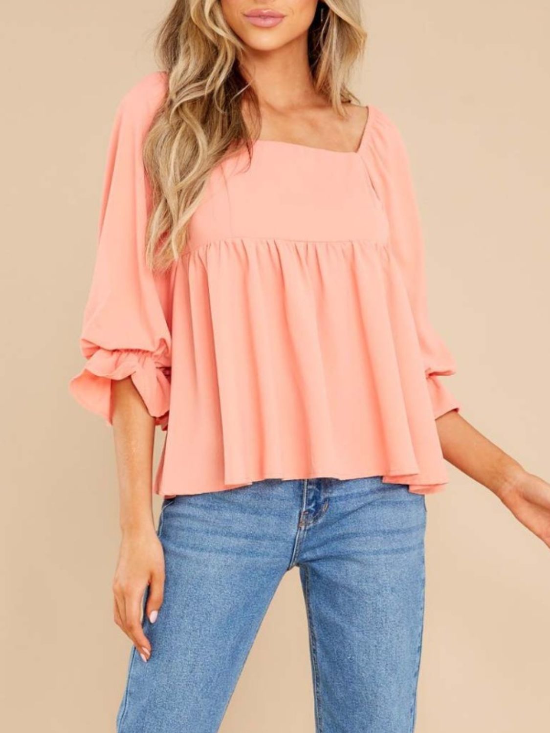 Smocked Square Neck Flounce Sleeve Blouse-Bella Boutique Collective