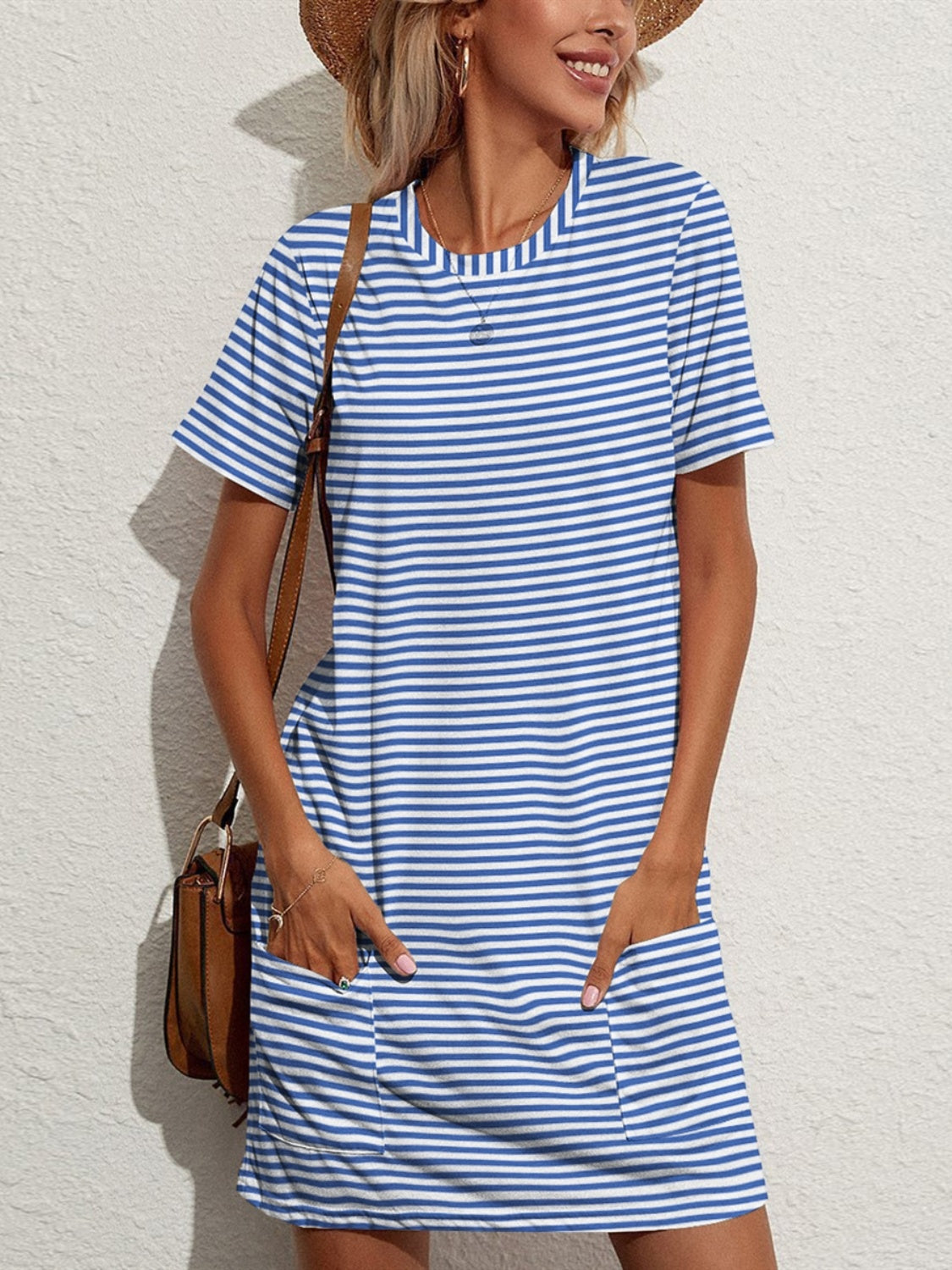 FAM-FAM Pocketed Striped Round Neck Short Sleeve Dress-Bella Boutique Collective