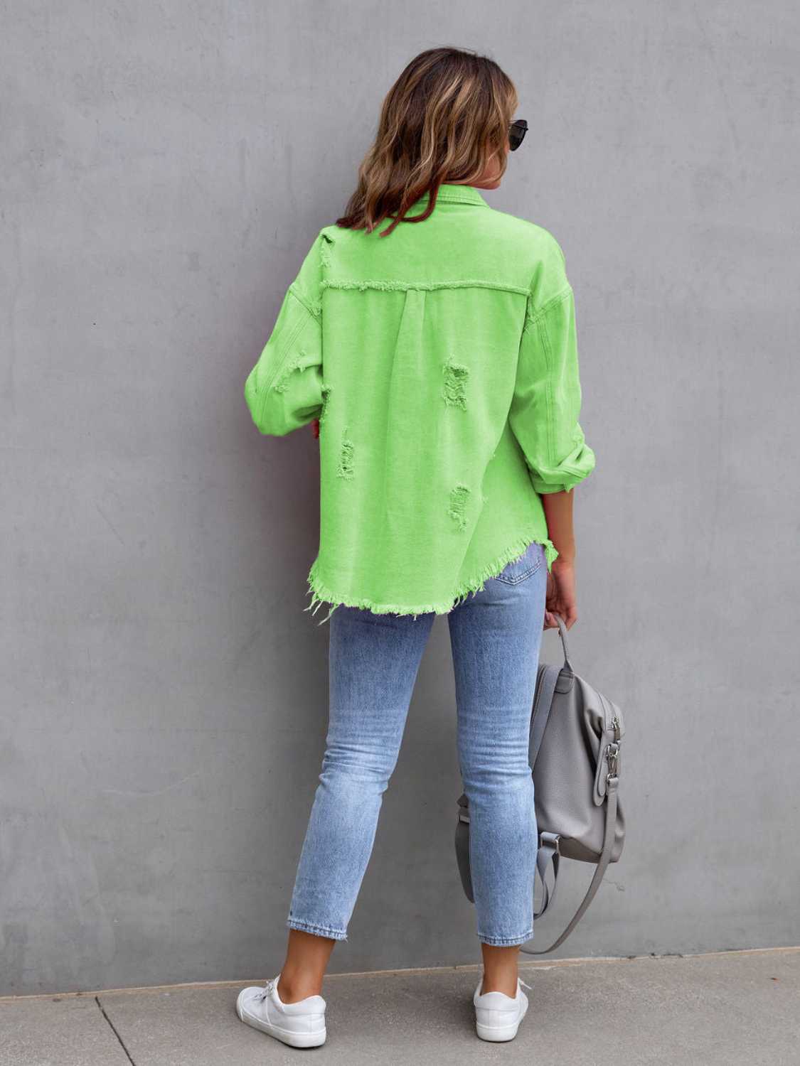 Distressed Drop Shoulder Denim Jacket-Bella Boutique Collective