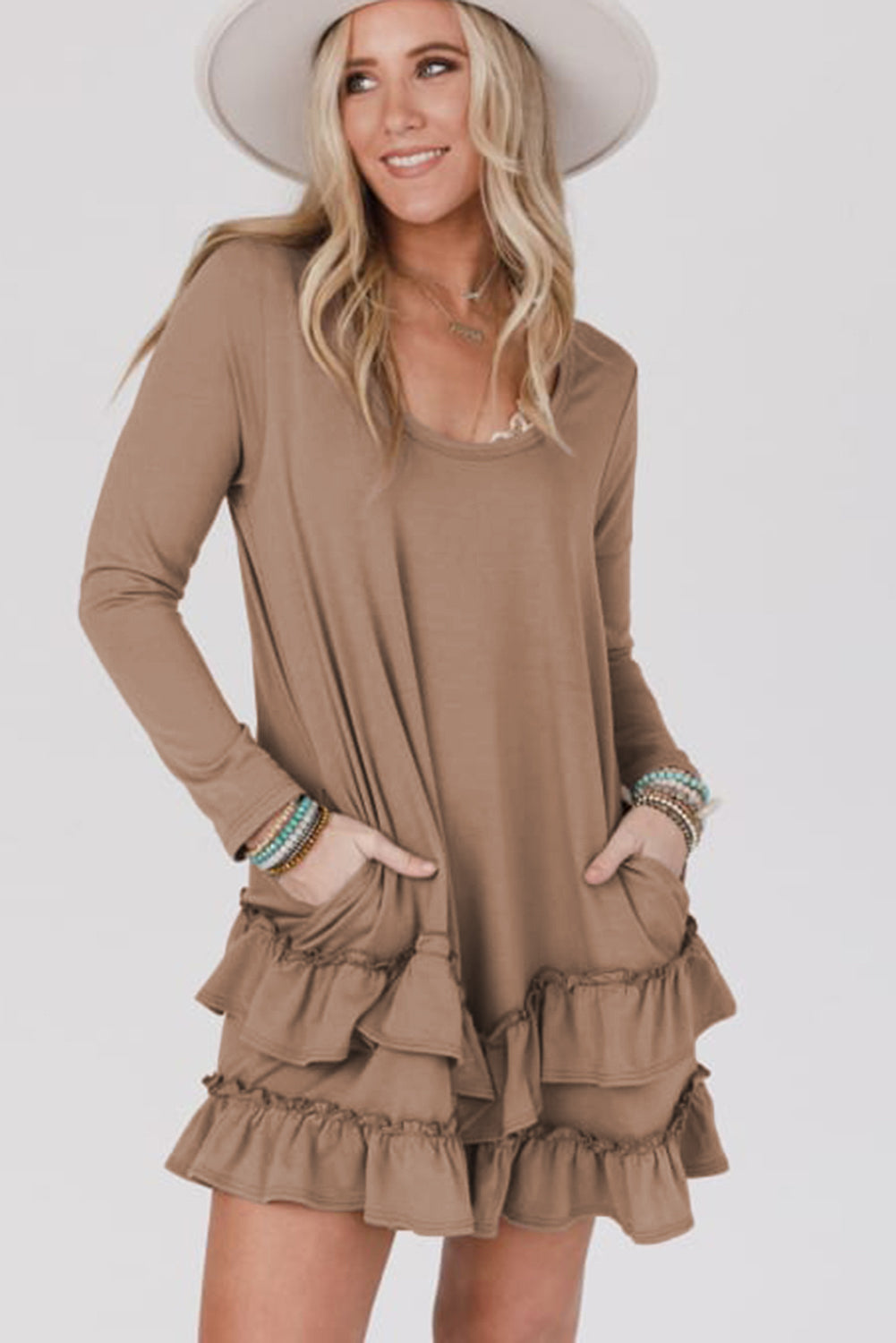 Goat Scoop Neck Tiered Ruffled Hem Long Sleeve Mini Dress-Bella Boutique Collective