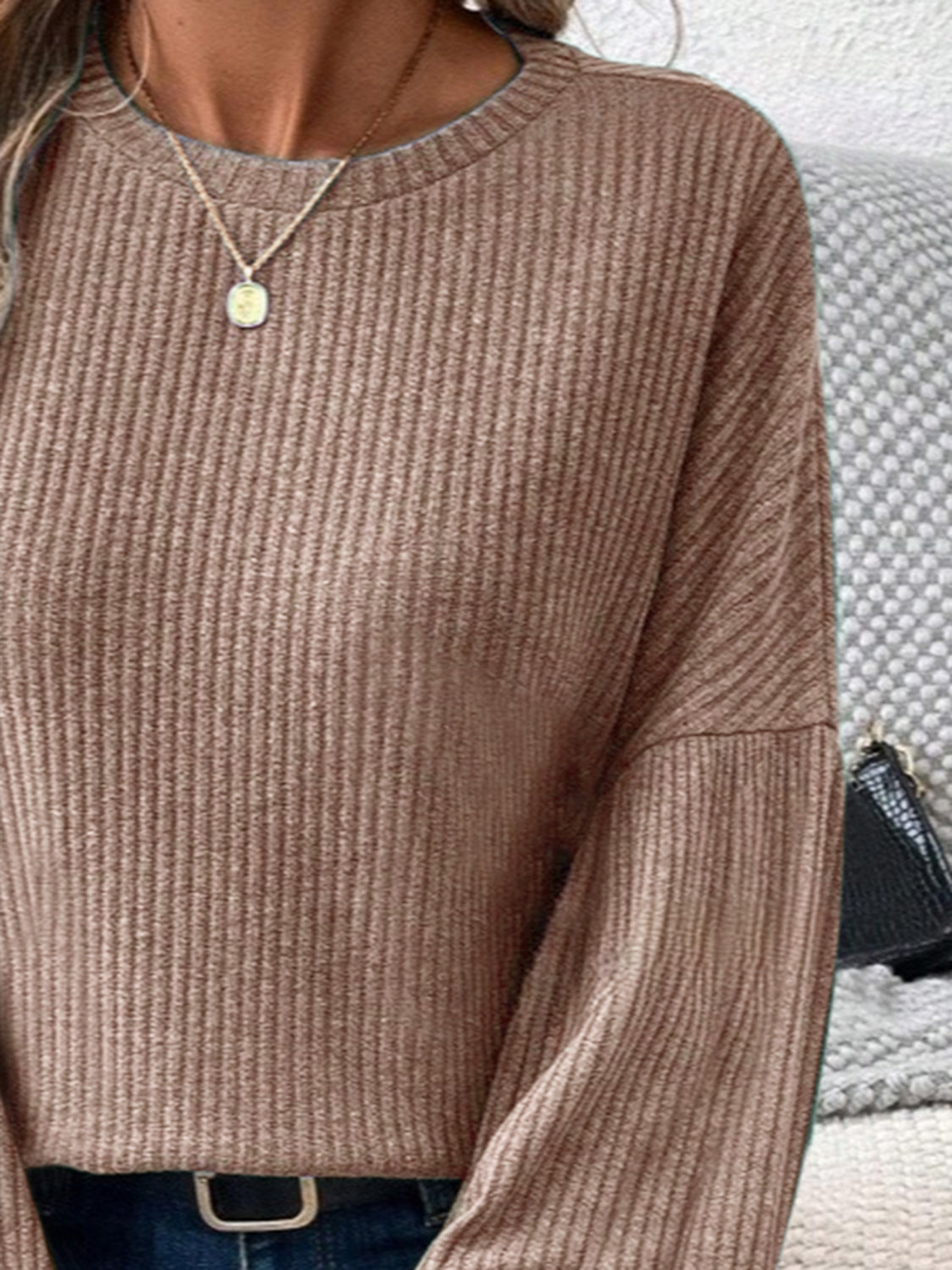 Ribbed Round Neck Lantern Sleeve T-Shirt-Bella Boutique Collective