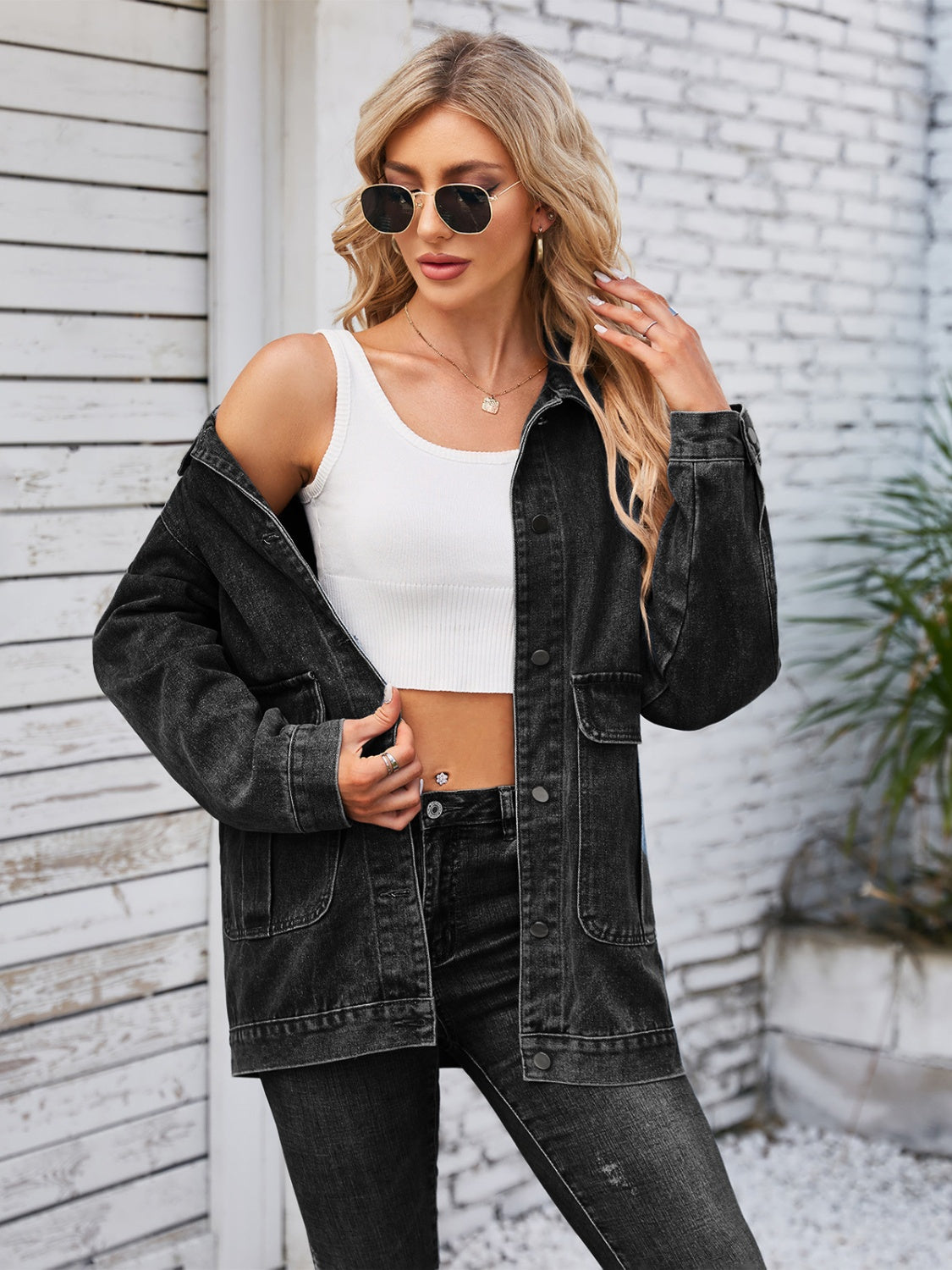 Button Up Long Sleeve Denim Jacket-Bella Boutique Collective