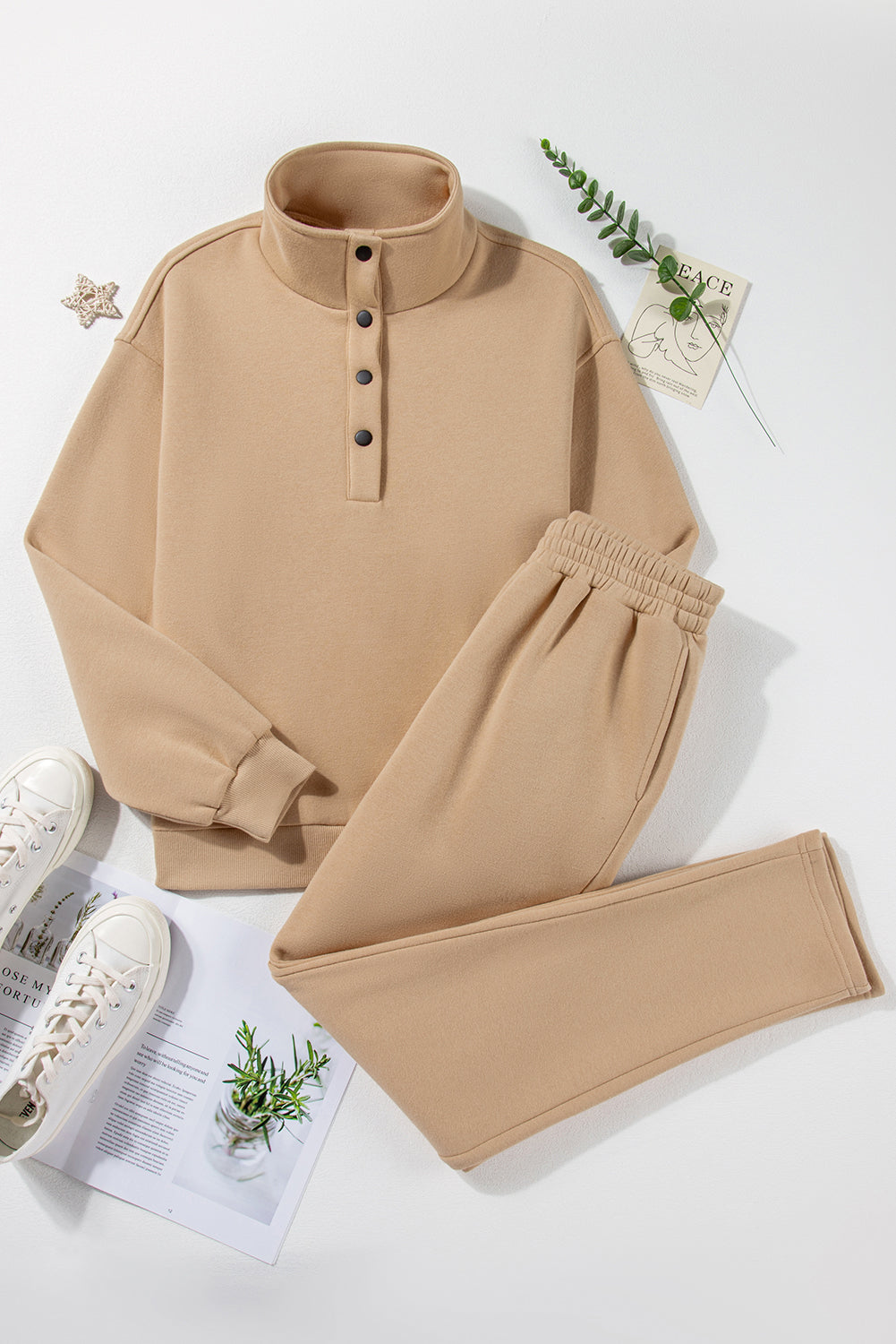 Parchment Solid Half Button Sweatshirt and High Waist Sweatpants Set-Bella Boutique Collective