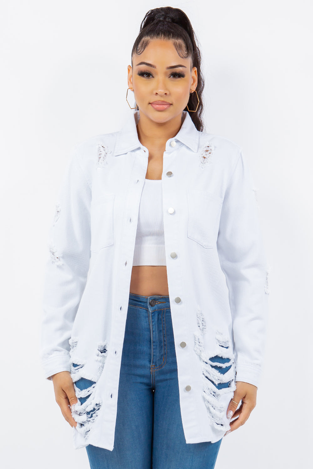 American Bazi Distressed Button Up Long Sleeve Denim Jacket-Bella Boutique Collective