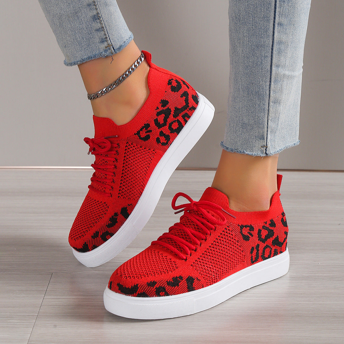 Lace-Up Leopard Flat Sneakers-Bella Boutique Collective