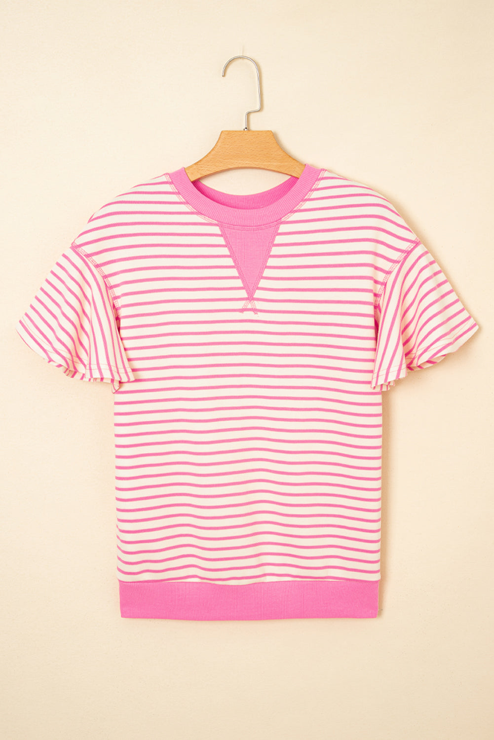 Sachet Pink Contrast Detail Striped Ruffle Short Sleeve Top-Bella Boutique Collective