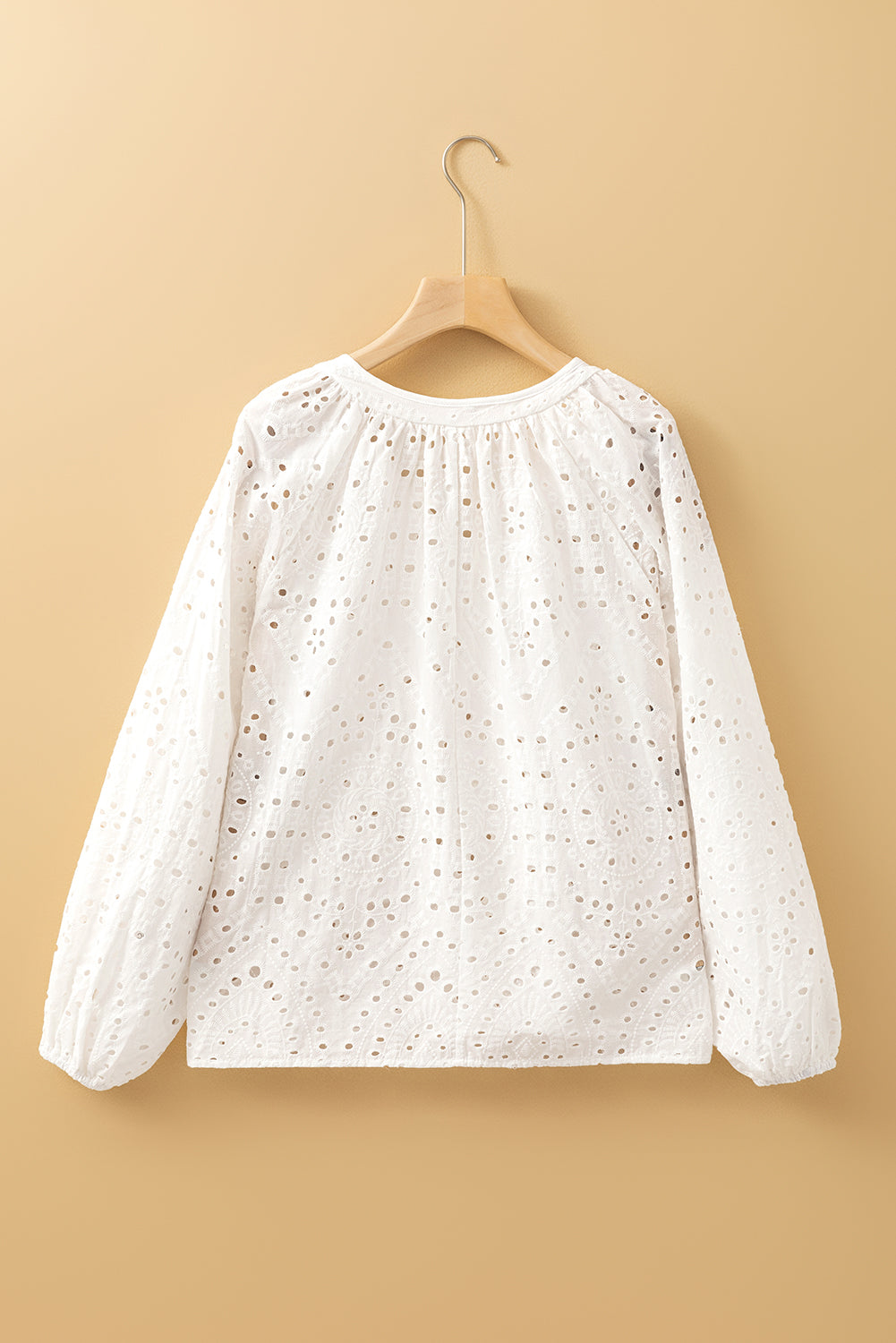 White Eyelet Embroidered Puff Sleeve V Neck Blouse-Bella Boutique Collective