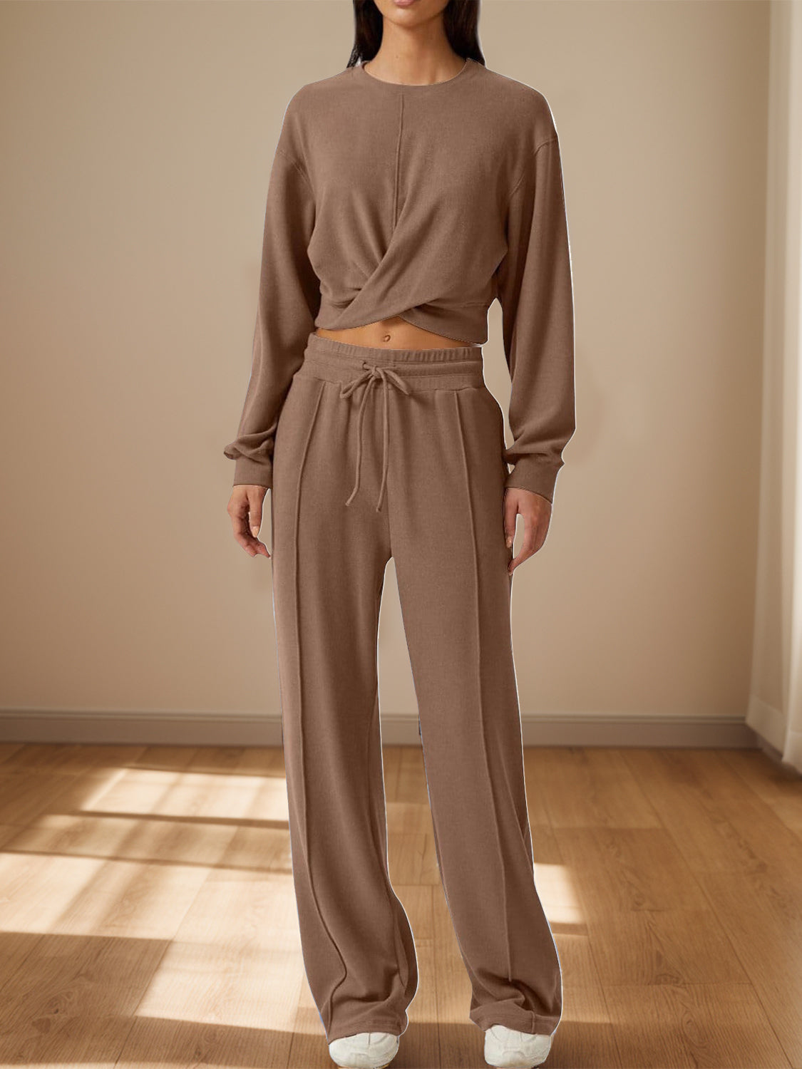 Crisscross Round Neck Top and Drawstring Pants Set-Bella Boutique Collective
