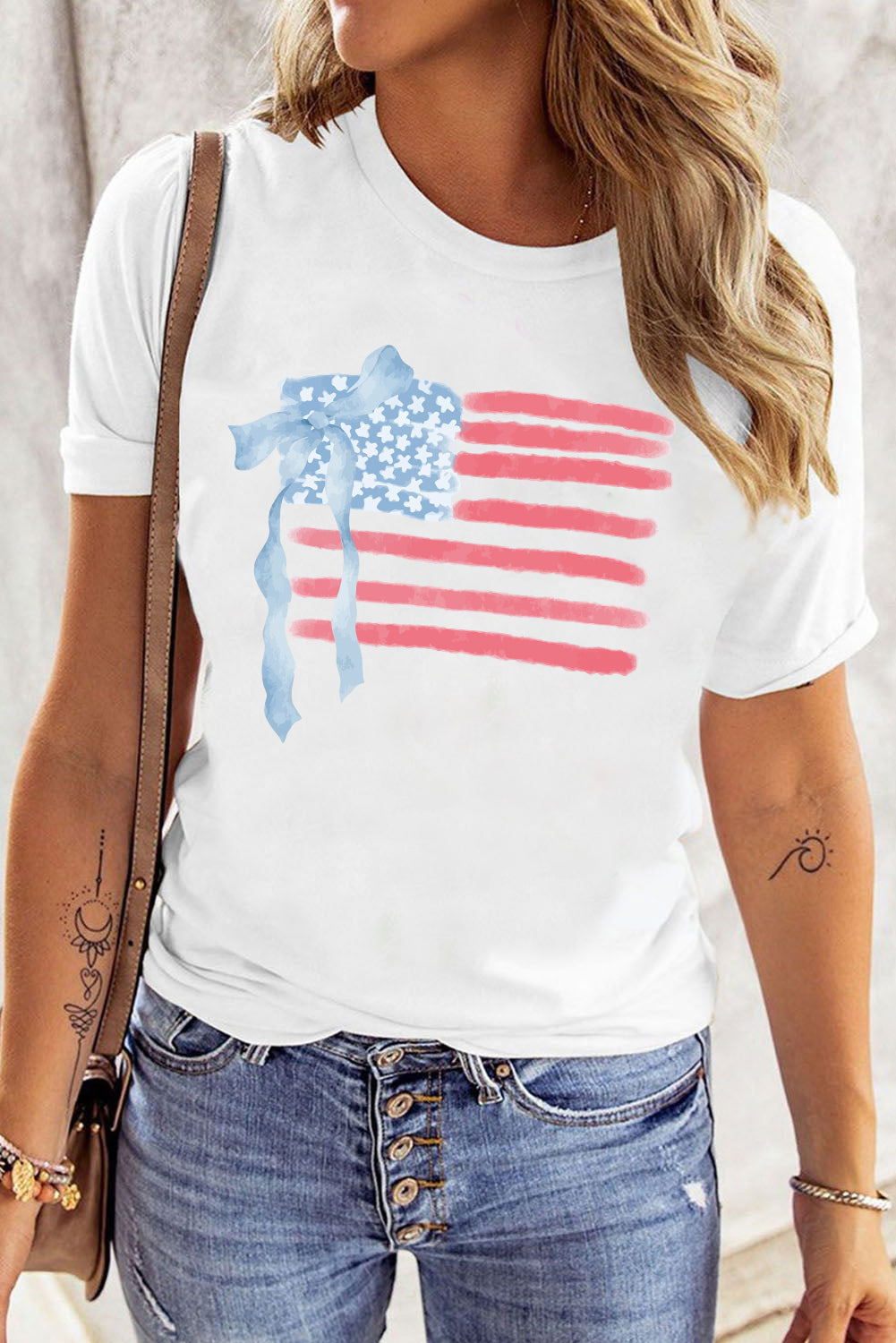 White American Flag Bow Knot Print Crew Neck T Shirt-Bella Boutique Collective