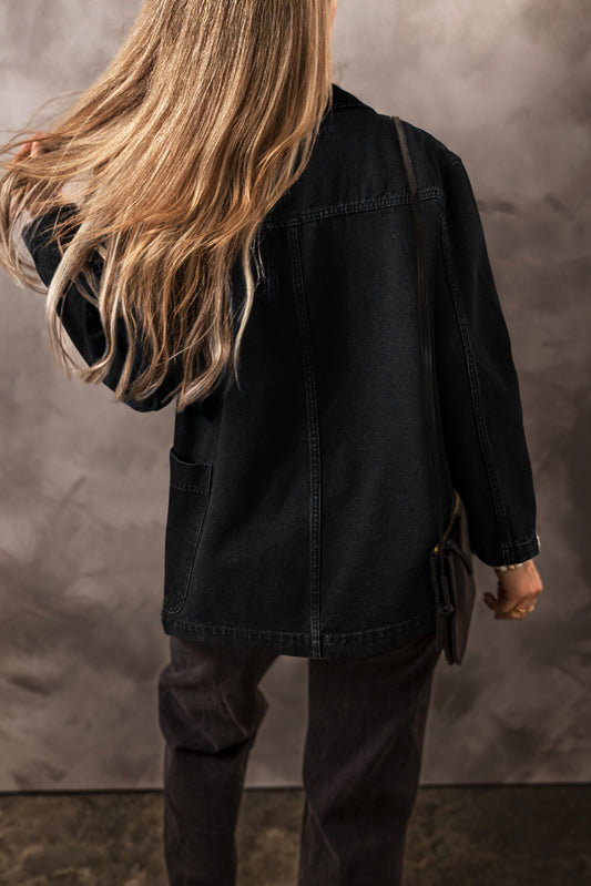 Black Side Pockets Lapel Collar Denim Jacket-Bella Boutique Collective