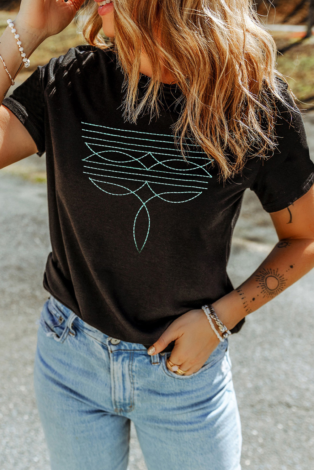 Black Western Fashion Geometric Embroidered T Shirt-Bella Boutique Collective