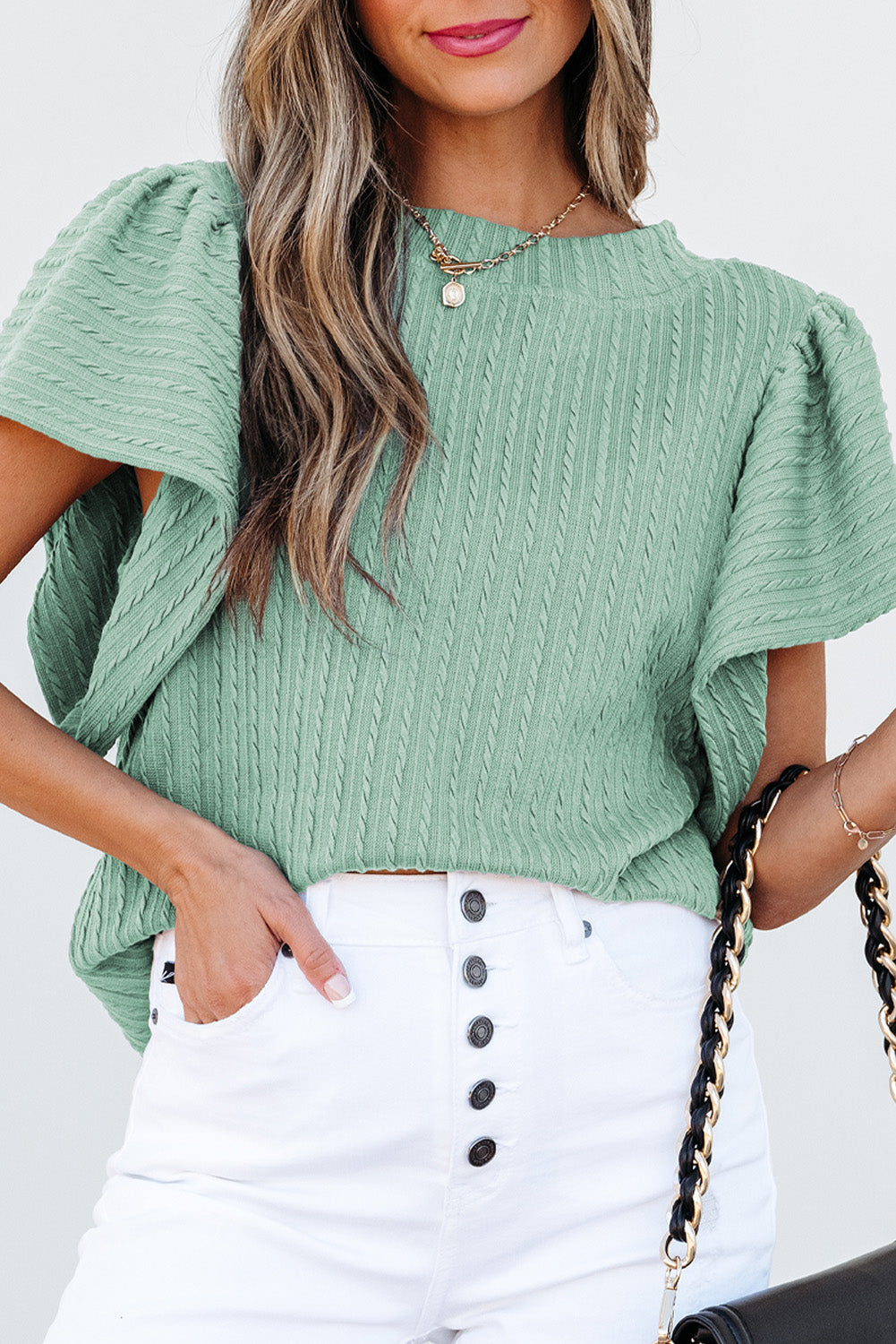 Moonlight Jade Solid Color Textured Flutter Sleeve Top-Bella Boutique Collective