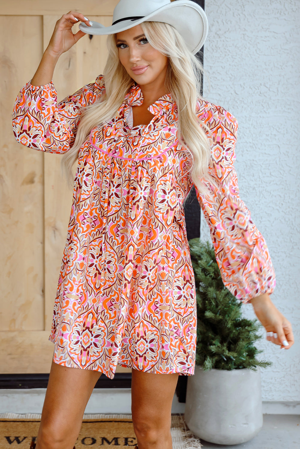 Khaki Abstract Printed Long Sleeve Tied Neckline Mini Dress-Bella Boutique Collective
