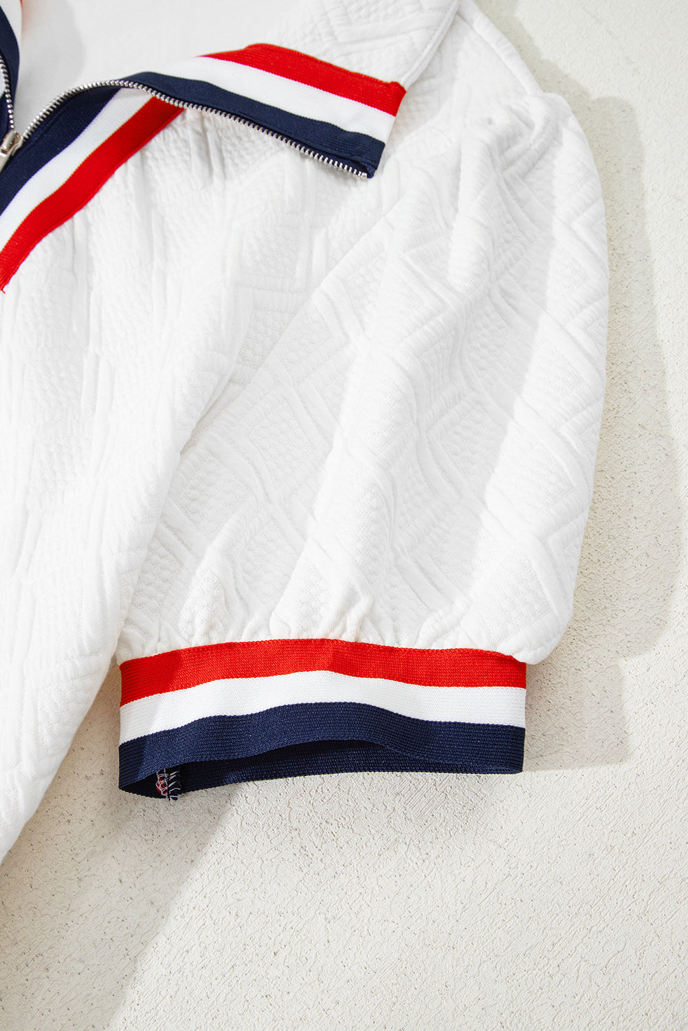 White Textured Jacquard Colorblock Edge Puff Sleeve Quarter Zip Mini Dress-Bella Boutique Collective