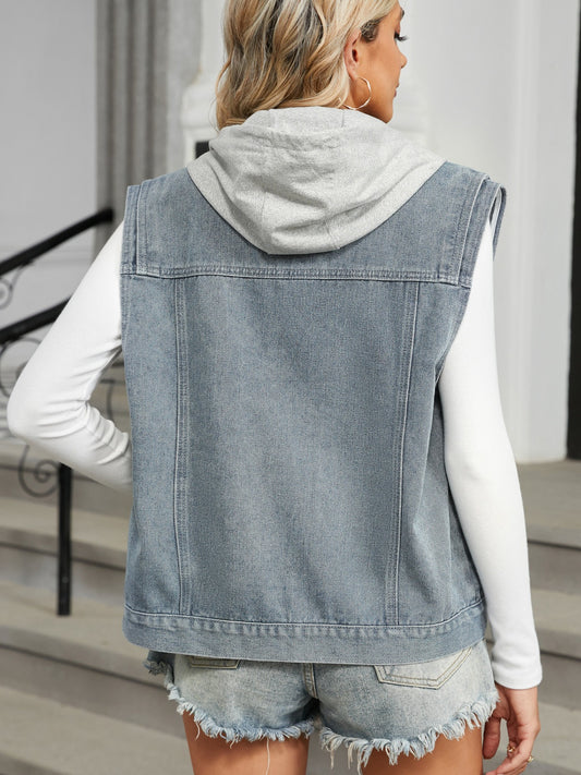 Pocketed Button Up Sleeveless Denim Jacket-Bella Boutique Collective