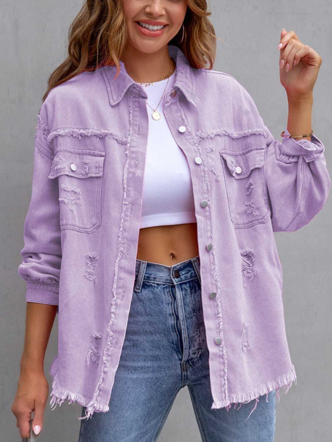 Distressed Drop Shoulder Denim Jacket-Bella Boutique Collective