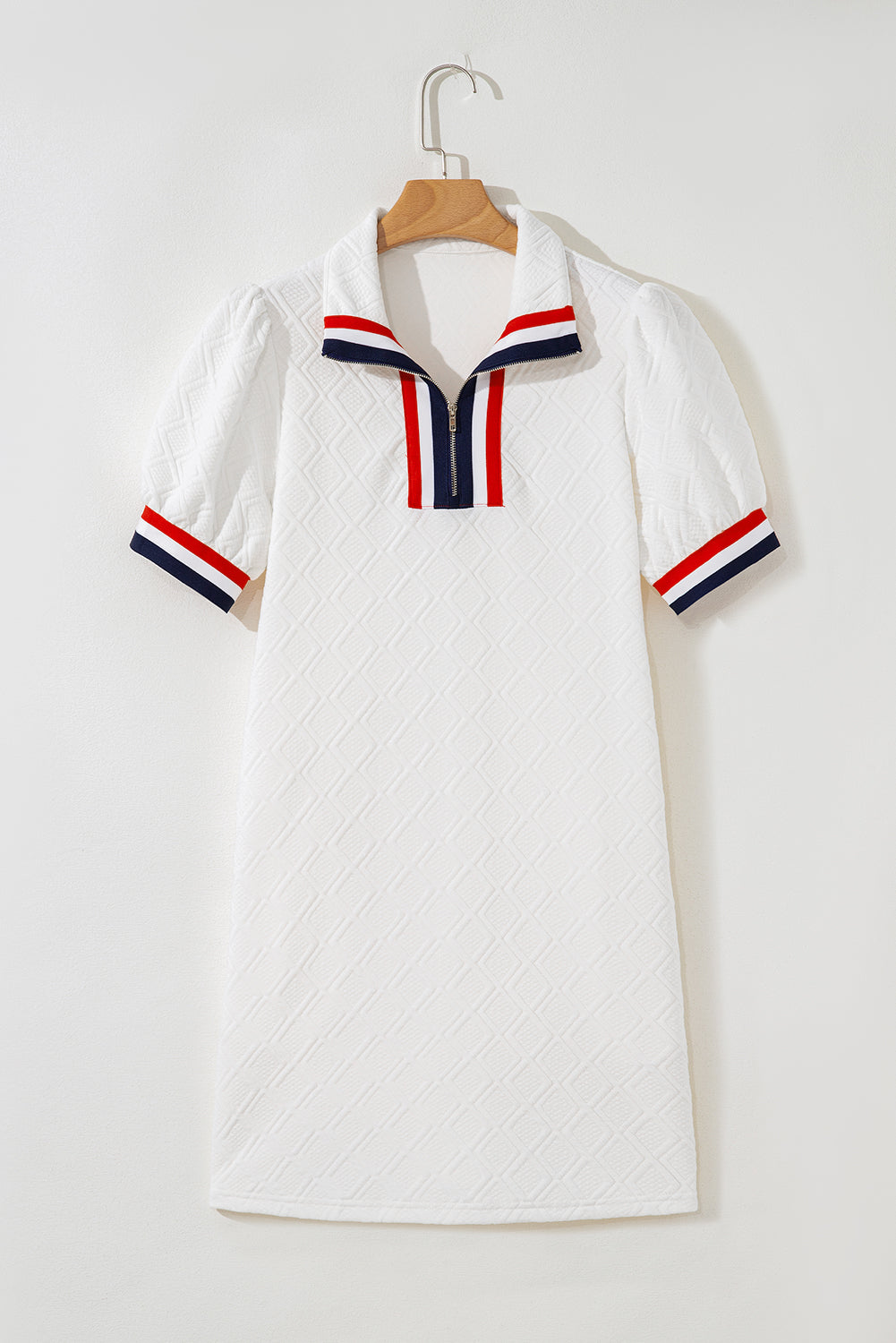 White Textured Jacquard Colorblock Edge Puff Sleeve Quarter Zip Mini Dress-Bella Boutique Collective