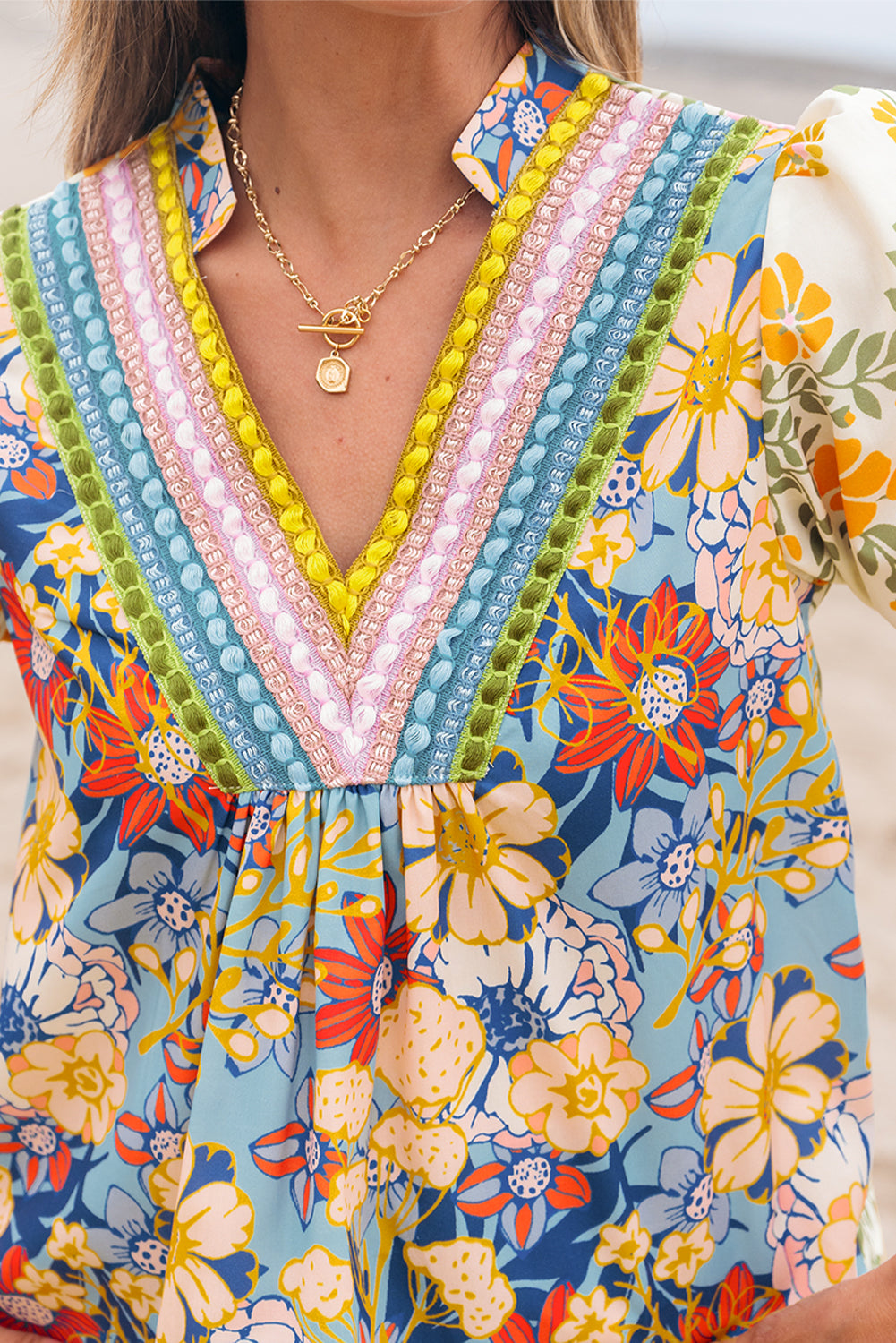 Multicolour Crochet V Neck Half Sleeve Boho Floral Blouse-Bella Boutique Collective