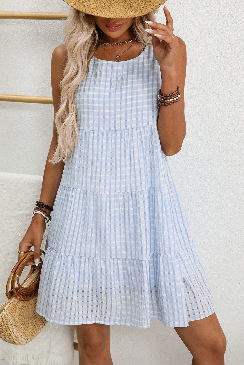 Light Blue Plaid Tiered A-line Sleeveless Mini Sundress-Bella Boutique Collective