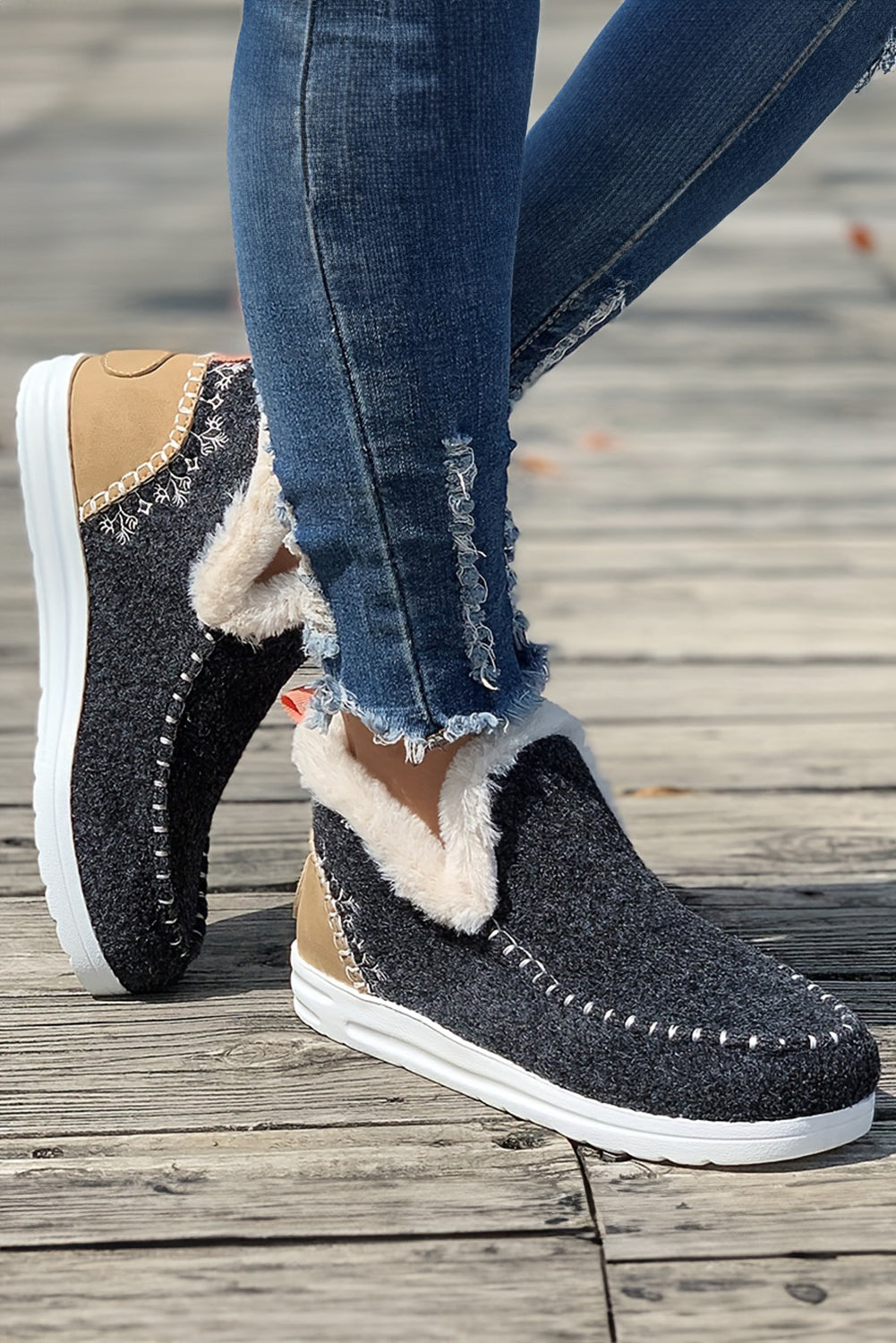 Carbon Grey Suede Stitching Patchwork Plush Lined Anklet Boots-Bella Boutique Collective