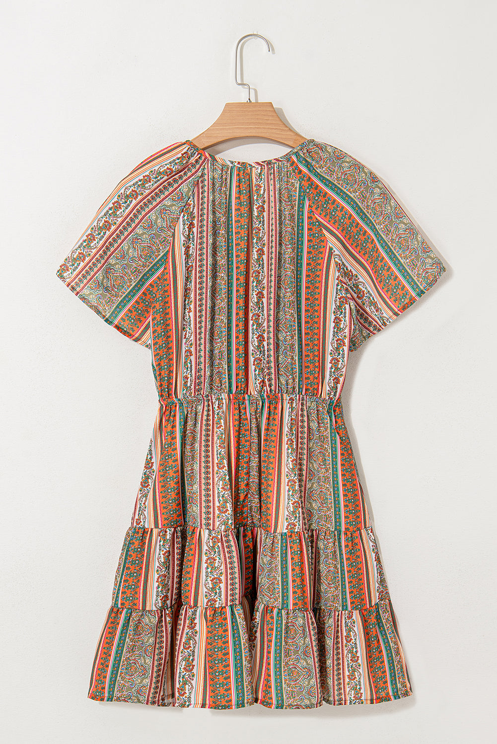 Red Bohemian Floral Print Buttoned V Neck Ruffle Tiered Dress-Bella Boutique Collective