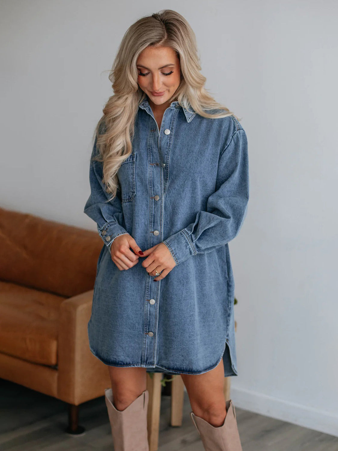 Button Up Collared Neck Long Sleeve Denim Dress-Bella Boutique Collective
