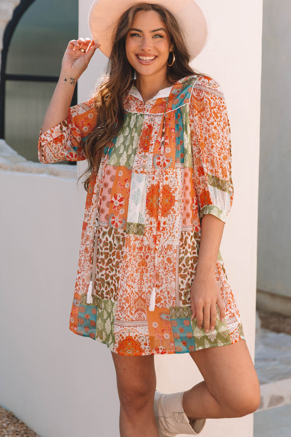 Orange Boho Paisley Mixed Print 3/4 Sleeve Chiffon Loose Dress-Bella Boutique Collective