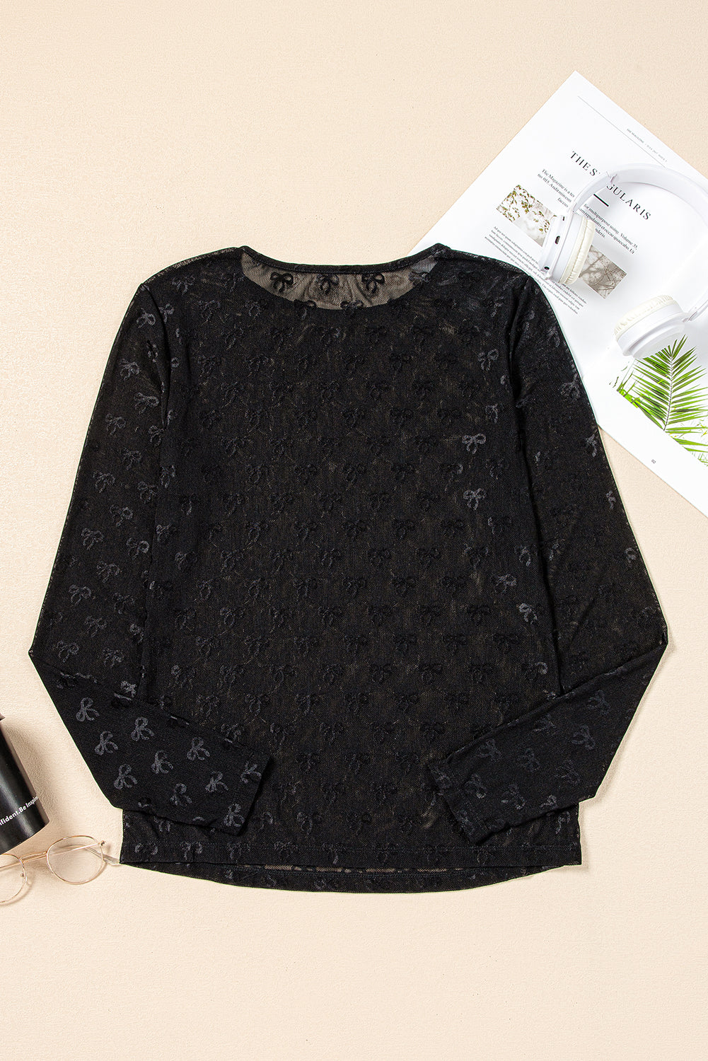 Black Mesh Bow Pattern Long Sleeve Top-Bella Boutique Collective