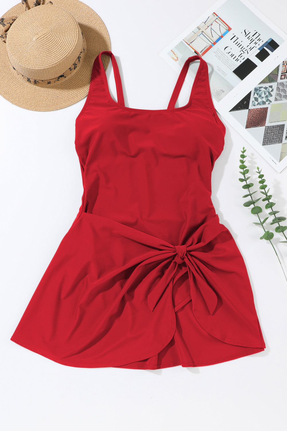 Racing Red U Neck Adjustable Straps Knotted Skirt Patchwork One Piece Swimsuit-Bella Boutique Collective