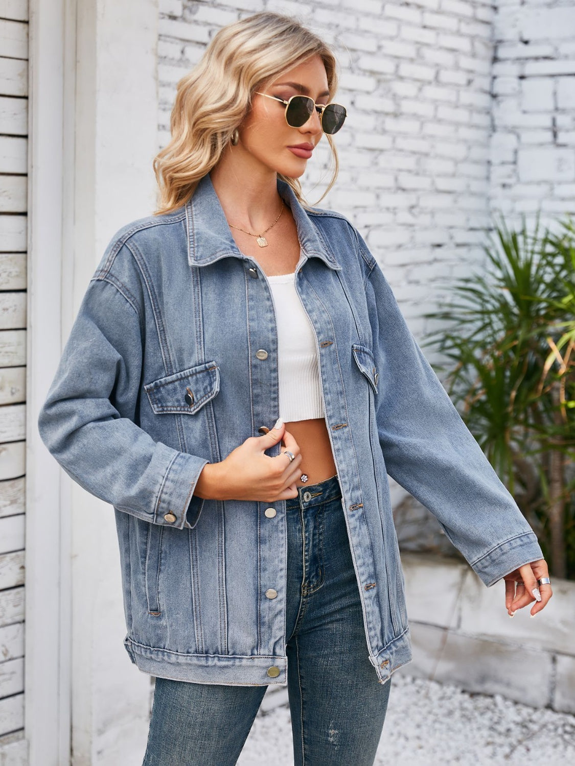 Button Up Long Sleeve Denim Jacket-Bella Boutique Collective
