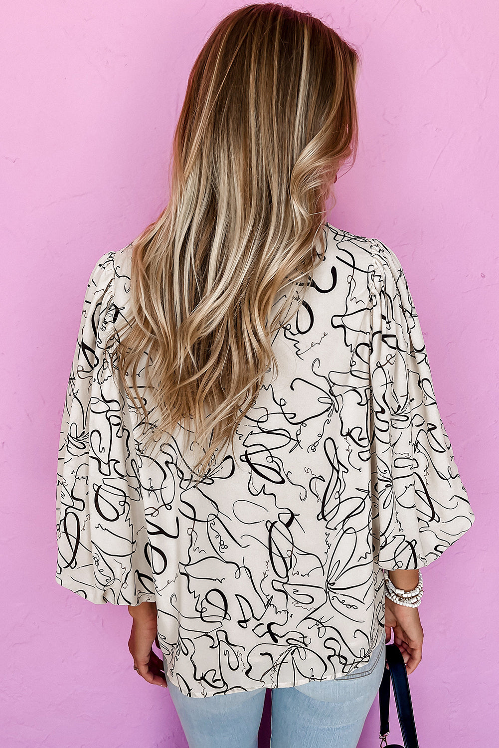 Beige Abstract Print Balloon Sleeve Crew Neck Blouse-Bella Boutique Collective