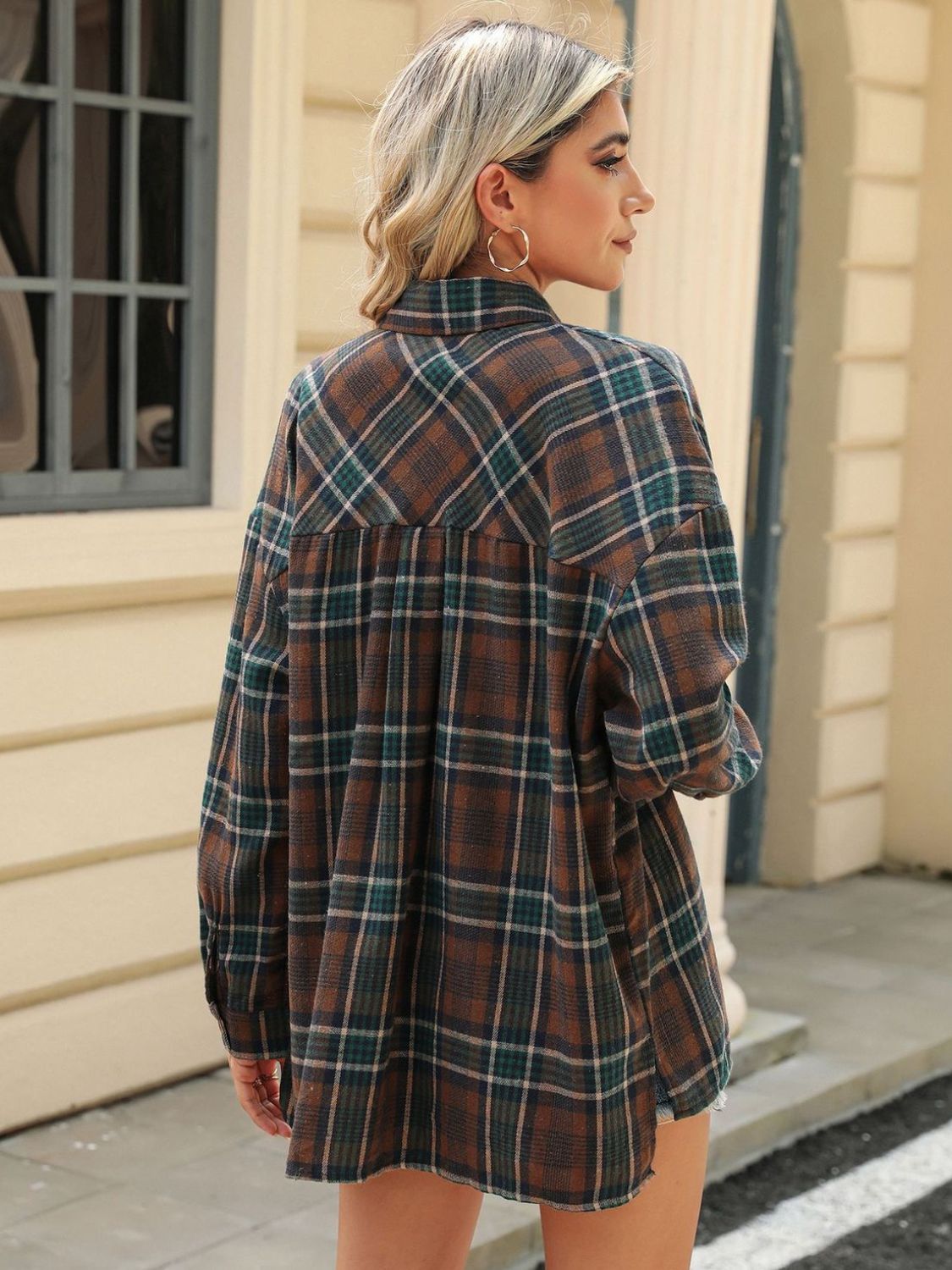 Pocketed Plaid Collared Neck Long Sleeve Shirt-Bella Boutique Collective