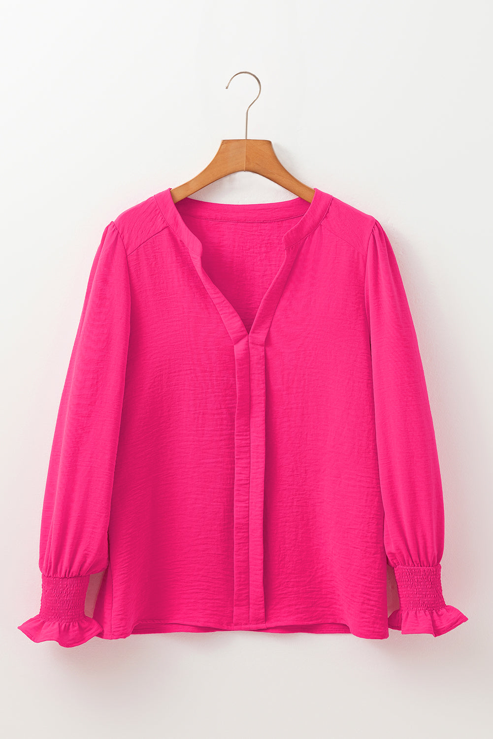 Rose Red Solid Color Shirred Cuff Notch V Neck Blouse-Bella Boutique Collective