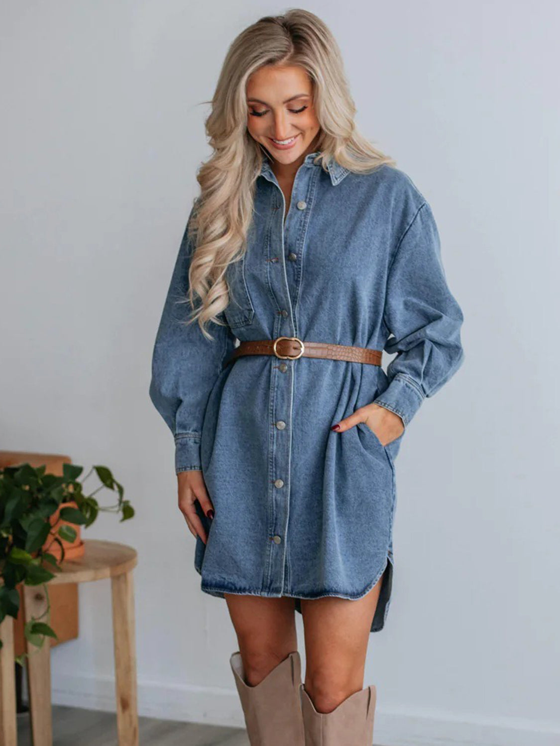 Button Up Collared Neck Long Sleeve Denim Dress-Bella Boutique Collective