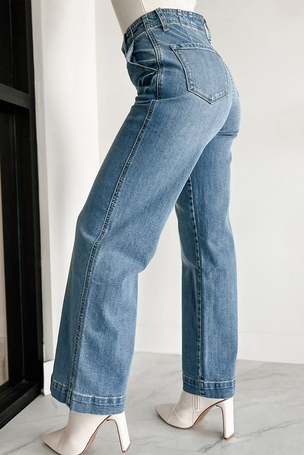 Dusk Blue Multi Buttons Medium Wash Straight Loose Leg Jeans-Bella Boutique Collective