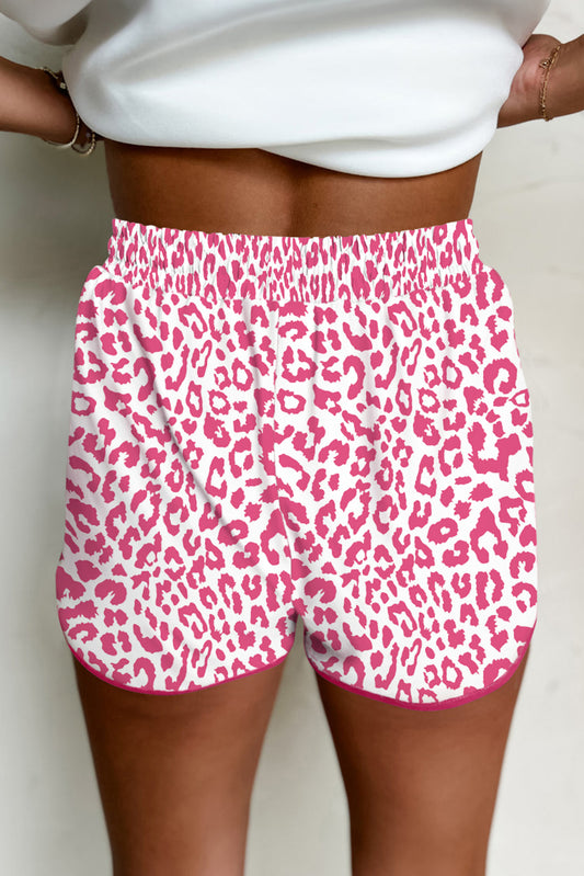 Pink Leopard Elastic Waist Lace up Contrast Trim Casual Shorts-Bella Boutique Collective